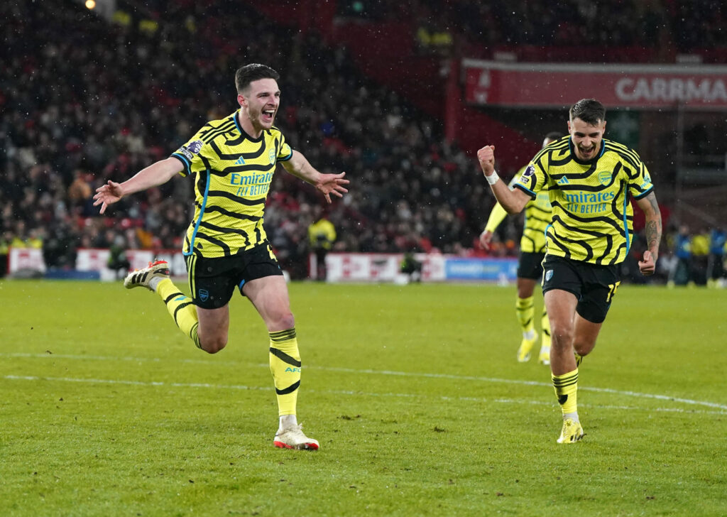 Declan Rice scored Arsenal's fifth goal of an astonishing first half (Nick Potts/PA Wire)