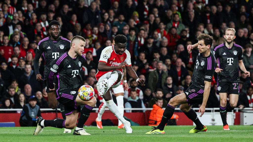 Bukayo Saka Arsenal FC v FC Bayern Munchen Quarter final First Leg UEFA Champions League 04082024 (ADRIAN DENNIS/AFP via Getty Images)