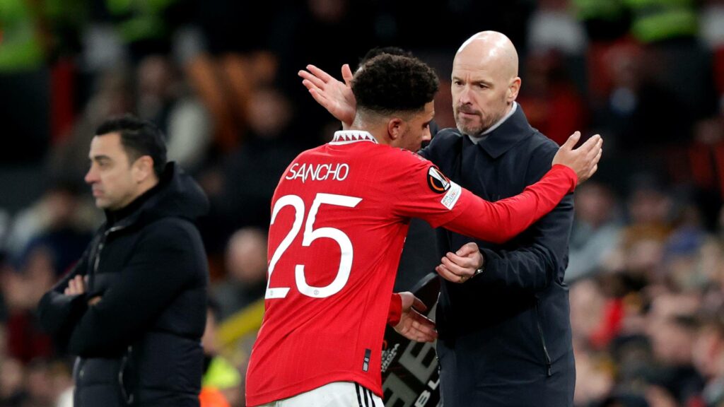 Jadon Sancho y Erik Ten Hag (Getty)